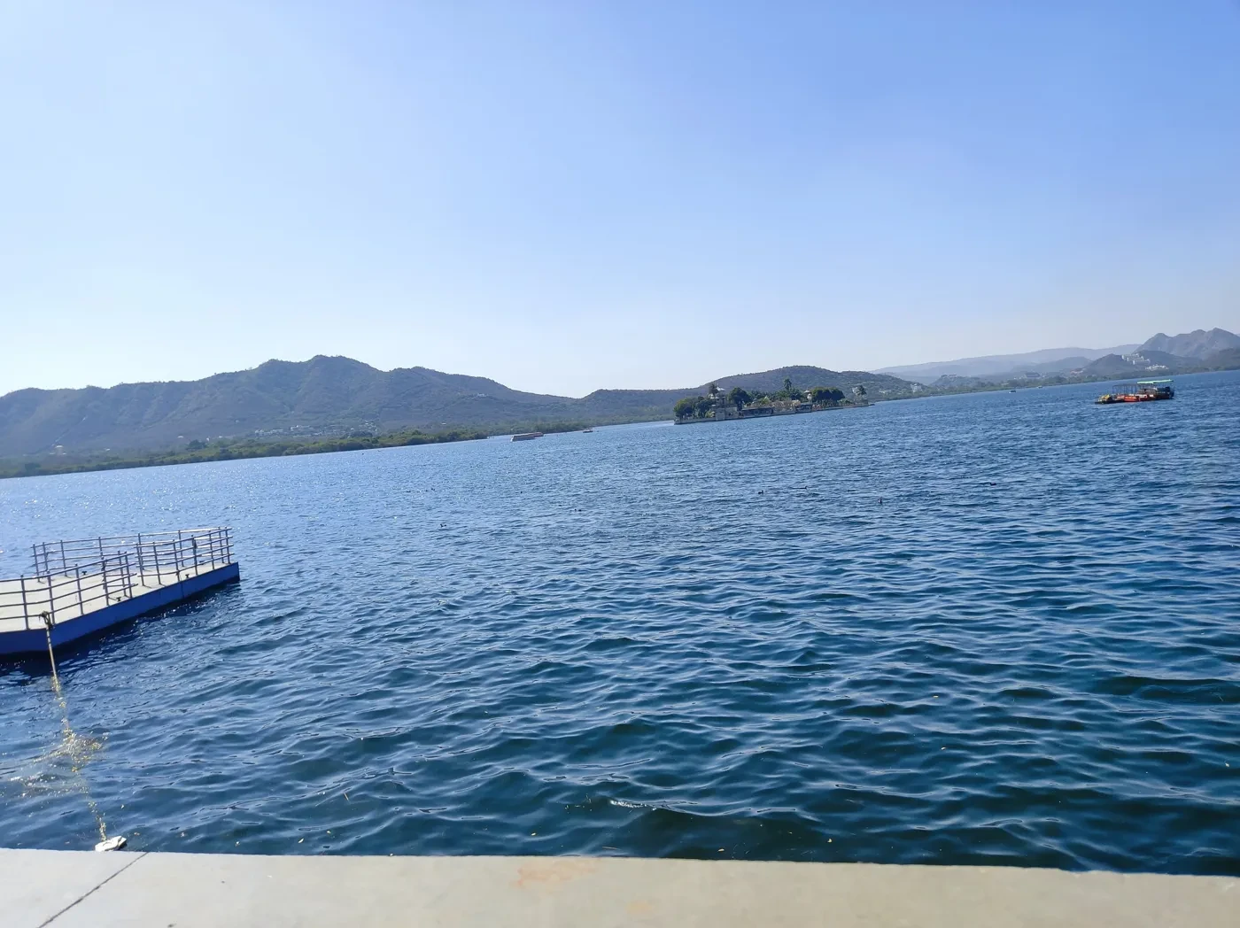 Fateh Sagar Lake in Udaipur with the Aravalli hills behind it